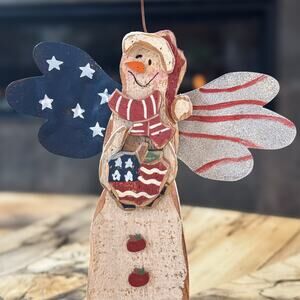 Wooden Patriotic Snowman Angel Tabletop Holiday Winter Folk Art Figurine, 8.25'H